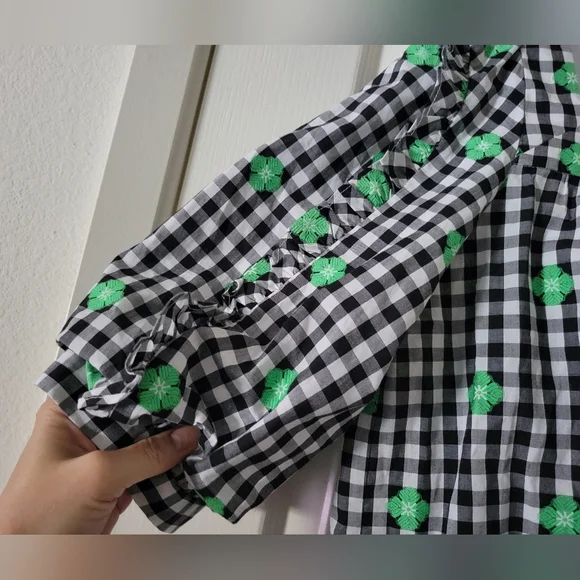 Kate Spade | NWOT Black/White Gingham Green Floral Embroidered Top - Picture 7 of 11